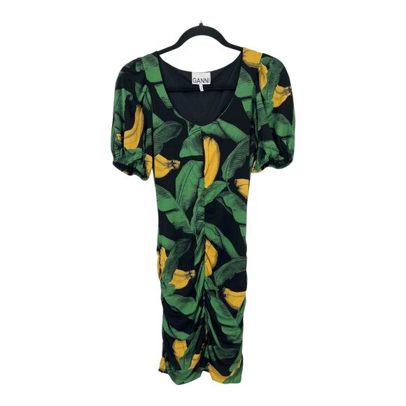 Ganni Dress Leaf print bodycon minidress green black size 32 (US 0) - Picture 2 of 8